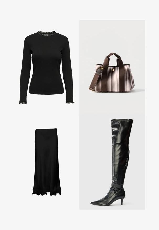 Top negro de manga larga fabricado en tejido acanalado, con un detalle de encaje con volantes en el escote y los puños. Diseño de cuello redondo simple.; Falda de satén negra con textura suave, con un dobladillo de encaje de bordes ondulados. Silueta simple y larga sin adornos.; Botas de cuero negro hasta la rodilla con un acabado brillante, punta afilada y un tacón de aguja delgado. Presentan una parte superior ajustada con detalles de costura.; Bolso de mano con rayas verticales marrones y blancas con asas dobles y correa de hombro desmontable sobre fondo blanco liso.