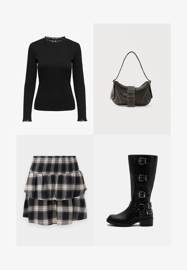 Top negro de manga larga fabricado en tejido acanalado, con un detalle de encaje con volantes en el escote y los puños. Diseño de cuello redondo simple.; Falda de cuadros en blanco y negro con cintura fruncida. Presenta capas con volantes y una textura suave de algodón.; Bota negra de cuero hasta media pantorrilla con cuatro hebillas metálicas ajustables y un tacón bajo en bloque sobre fondo blanco.; Bolso de hombro de cuero negro con detalle de correa con hebilla, bordes curvos y costuras blancas en contraste sobre un fondo liso.