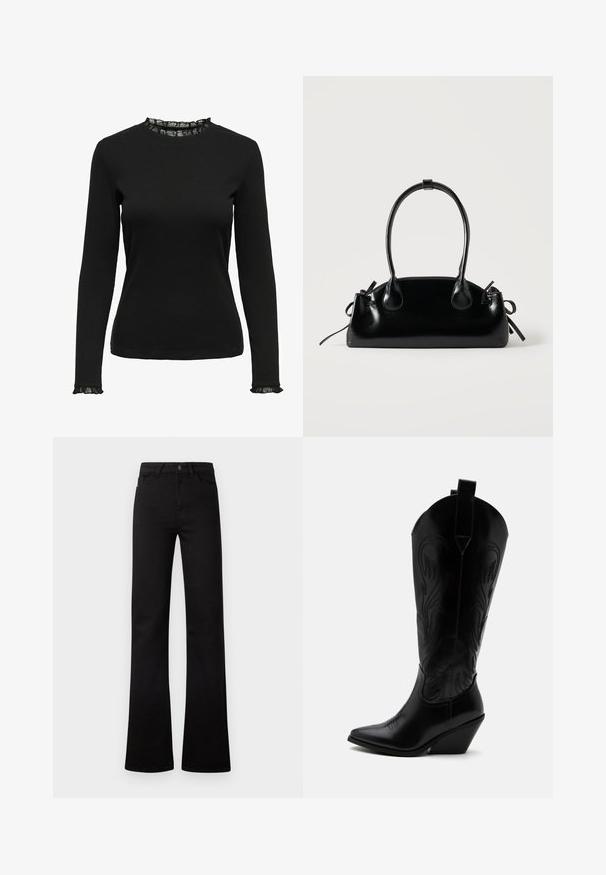 Top negro de manga larga fabricado en tejido acanalado, con un detalle de encaje con volantes en el escote y los puños. Diseño de cuello redondo simple.; Vaqueros negros de cintura alta y pierna recta con bolsillos delanteros, trabillas para cinturón, cierre de botón y bajos ligeramente acampanados sobre un fondo blanco.; Bota de vaquero de cuero negro con punta puntiaguda, tacón bloqueado inclinado, costuras decorativas y lengüetas en la parte superior sobre fondo blanco.; Pequeño bolso negro brillante con dos asas largas y detalles de cordón lateral sobre un fondo claro liso.