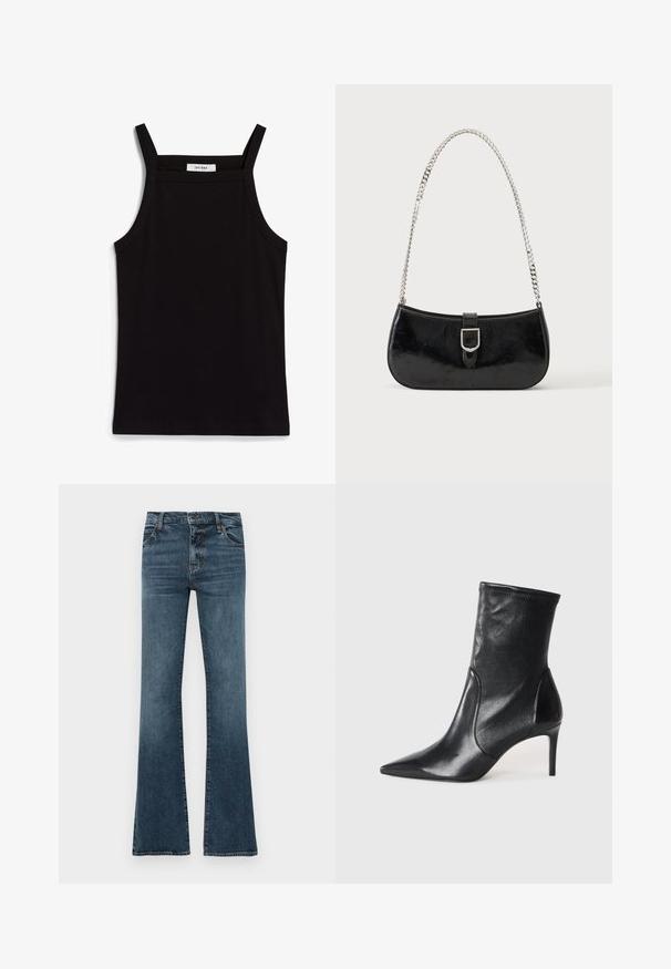 Zwarte tanktop met dunne spaghettibandjes, gemaakt van ribstof, met een rechte snit en een label op de hals dat "IVY OAK" zegt.; Uitlopende blauwe jeans van denim. Heeft vijf zakken, riemlusjes, een ritssluitingen en een licht vervaagde afwerking. Rechte pasvorm tot aan de knieën.; Zwarte enkelboots van soepel leer, met een spitse neus, een aangesloten schacht en een slanke hoge hak. Minimalistisch ontwerp zonder zichtbare hardware.; Zwarte lakleren schoudertas met een zilveren gespdetail en een zilveren kettingriem, getoond tegen een effen lichte achtergrond.