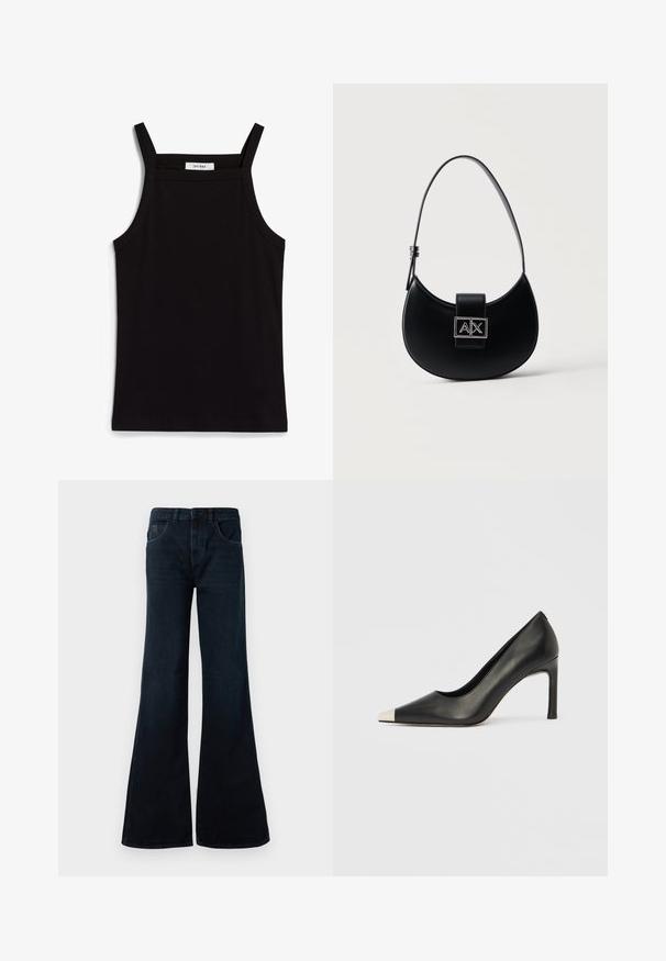 Zwarte tanktop met dunne spaghettibandjes, gemaakt van ribstof, met een rechte snit en een label op de hals dat "IVY OAK" zegt.; Donkerblauwe flared jeans van denim. Heeft een hoge taille, twee voorzakken en een nette afwerking zonder zichtbare hardware.; Zwarte leren hoge hak met een spits toelopende neus en een metalen zilverkleurige kap. Heeft een gladde afwerking en een slanke hak van 10 cm.; Zwart handtas in de vorm van een halve maan met een enkele verstelbare band en een zilveren A|X-logo sluiting op de voorsflap.