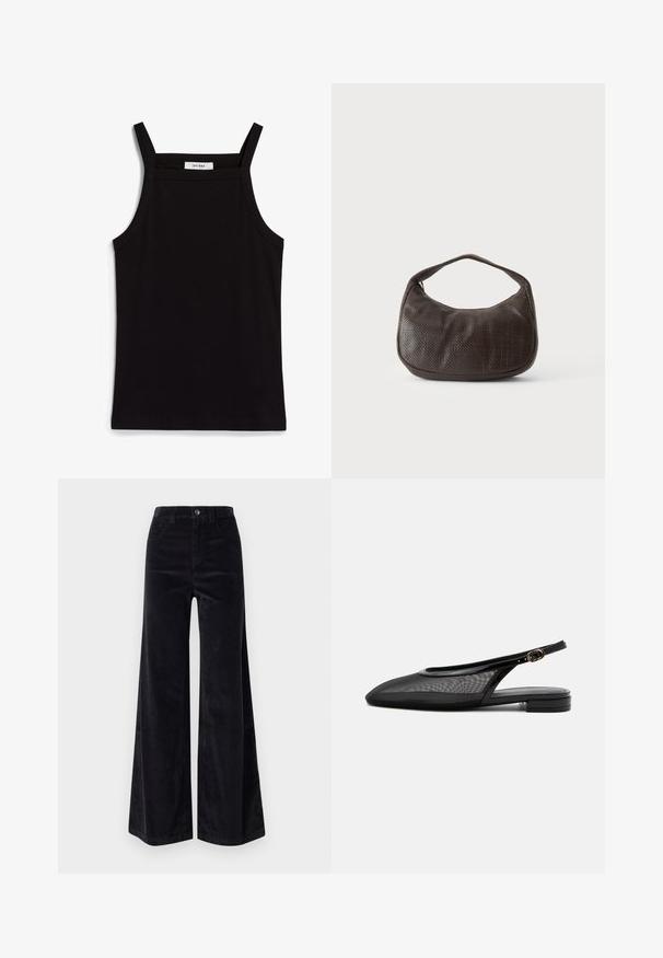 Zwarte tanktop met dunne spaghettibandjes, gemaakt van ribstof, met een rechte snit en een label op de hals dat "IVY OAK" zegt.; Zwarte corduroy wijde broek met een hoge taille, knoopsluiting en voorkwasten. Gladde textuur met een verticale ribbelstructuur.; Zwarte slingback platte schoen met puntige neus, mesh bovenwerk, verstelbare gespsluiting en lage gestapelde hak op witte achtergrond.; Kleine donkerbruine gestructureerde handtas met korte band en afgeronde onderkant op een effen lichte achtergrond.