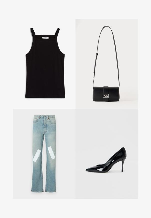 Zwarte tanktop met dunne spaghettibandjes, gemaakt van ribstof, met een rechte snit en een label op de hals dat "IVY OAK" zegt.; Lichtblauwe denim jeans met een uitlopende snit, voorzien van witte vlekken op de knieën en lichte slijtage langs de randen.; Zwarte lakschoenen met een puntige neus en een slanke stilettohak. Soepele textuur met een glanzende afwerking en een minimalistisch ontwerp.; Zwarte leren schoudertas met verstelbare riem en zilveren rechthoekige gesp met de letters A en X op een effen achtergrond.