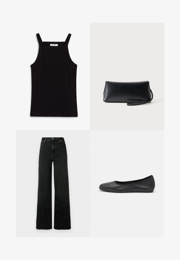 Sort tanktop med tynde spaghetti-stropper, lavet af et ribbet stof, med en lige skæring og et mærke ved halsudskæringen, der står "IVY OAK."; Sorte jeans med vide ben lavet af denim. Høj talje med knaplukning og fem-lomme design. Glat tekstur med minimal falmen.; Sort læderballetsko med rund tå, glat tekstur, minimal syning og et fleksibelt såldesign.; Sort glat læder clutch taske med tyndt håndledsrem, rektangulær form og diskret præget logo centreret foran.