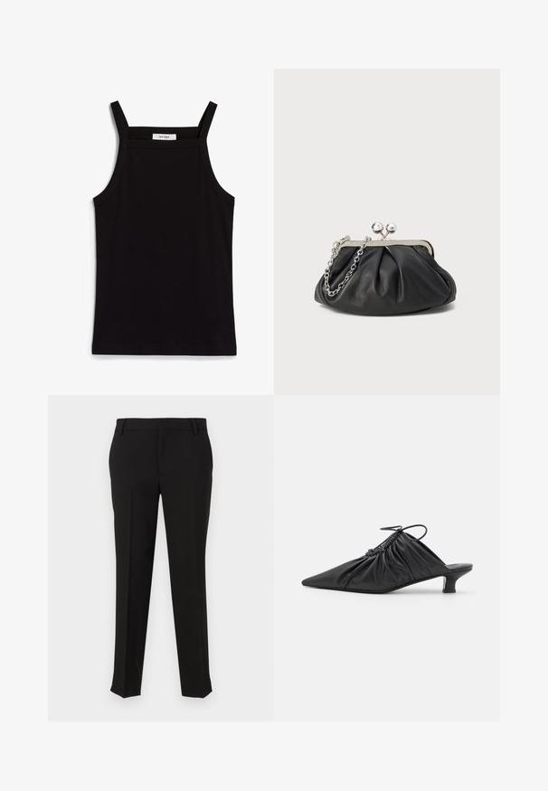 Schwarzes Tanktop mit dünnen Spaghetti-Trägern, aus geripptem Stoff, mit geradem Schnitt und einem Etikett am Hals, auf dem "IVY OAK" steht.; Schwarze maßgeschneiderte Hosen aus glattem Stoff, mit einem geraden Beinschnitt, Gürtelschlaufen und seitlichen Taschen. Keine sichtbaren Muster oder Beschläge.; Schwarze Leder-Mules zum Hineinschlüpfen mit spitzer Zehe, geraffter Textur und kleinem Kitten-Heel. Verfügt über ein Zugbanddetail am Öffnung.; Schwarze Leder-Clutch mit geraffter Textur, silberfarbener Metallrahmen, Druckverschluss und Kettenriemen. Glatte, weiche Oberfläche.