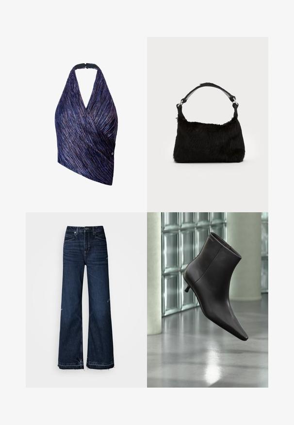 Top de estilo envolvente en tejido texturizado con rayas moradas y azules. Cuello halter con un cierre negro, un lado acentuado con un detalle de botón.; Vaqueros de talle alto y pierna ancha confeccionados en mezclilla oscura. Características incluyen dobladillos deshilachados y diseño de cinco bolsillos con costuras visibles.; Bota de cuero negro para el tobillo con puntera puntiaguda y tacón pequeño, exhibida frente a una pared de bloques de vidrio y un suelo pulido.; Bolso de mano de piel sintética negra con una textura suave, forma redondeada y una resistente correa de cuero negro para el hombro. Acentos de herrajes plateados visibles.