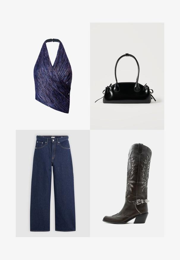 Wickeloberteil aus strukturierter Stoff mit lila und blauen Streifen. Halterneck mit einer schwarzen Verschluss, eine Seite mit einem Knopfdetail akzentuiert.; Dunkelblaue Denim-Hose im weiten Schnitt mit hoher Taille, ausgestattet mit fünf Taschen, Gürtelschlaufen und Kupfernähten. Glatte Textur.; Schwarzer Leder-Cowboystiefel mit dekorativen Ausschnitten, silberner Schnalle und schräger Ferse, auf weißem Hintergrund dargestellt.; Kleine schwarze glänzende Handtasche mit zwei langen Griffen und seitlichen Kordelzug-Details vor einfachem hellem Hintergrund.