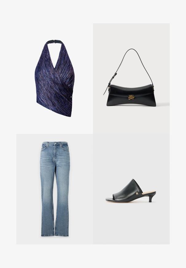 Top de estilo envolvente en tejido texturizado con rayas moradas y azules. Cuello halter con un cierre negro, un lado acentuado con un detalle de botón.; Vaqueros de denim azul claro con pierna recta, diseño de cinco bolsillos, trabillas para cinturón y cierre de cremallera. La tela tiene una textura sutil.; Mules de cuero negro de punta abierta con un tacón bajo. Presentan una superficie lisa y un acento del logo dorado en el costado.; Bolso de mano de cuero negro con forma trapezoidal curva, asa superior y cierre decorativo dorado en la solapa frontal sobre fondo blanco.