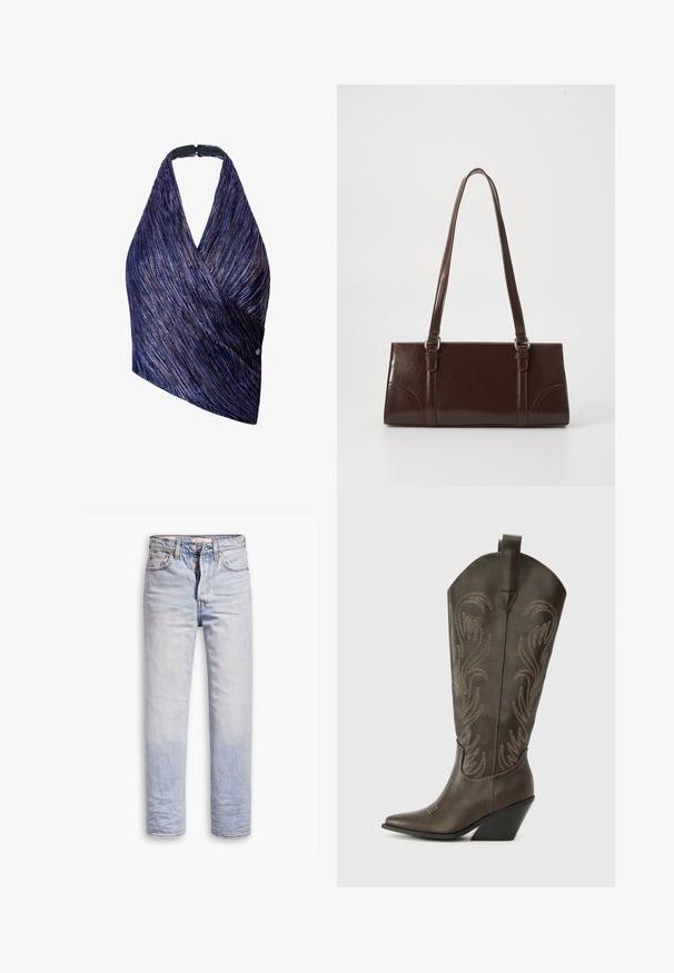 Top de estilo envolvente en tejido texturizado con rayas moradas y azules. Cuello halter con un cierre negro, un lado acentuado con un detalle de botón.; Jeans de denim azul claro con un diseño de pierna recta, que cuentan con un cierre de botón, cinco bolsillos y un ligero desgastado a lo largo de las piernas.; Bota de vaquero de cuero marrón con puntera afilada, tacón en cuña y bordado decorativo. Presenta un caña alta y una lengüeta de agarre.; Bolso de mano de piel sintética marrón con forma rectangular, dos asas largas y sutiles acentos curvados en la parte delantera.