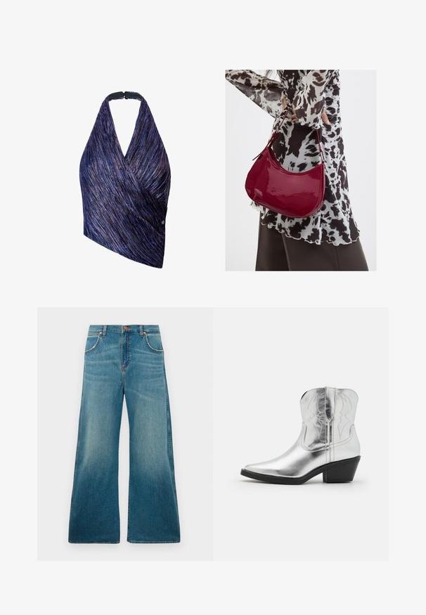 Top en style wrap en tissu texturé avec des rayures violettes et bleues. Décolleté halter avec une fermeture noire, un côté accentué par un détail de bouton.; Jeans en denim bleu taille haute avec jambes larges, poches avant, fermeture à bouton et dégradé de couleur usé allant de la taille à l'ourlet.; Bottes de cowboy en cuir argenté avec un bout pointu, des détails brodés sur la tige et un talon noir modéré. Surface lisse et brillante.; Femme portant un chemisier à motif noir et blanc tenant un sac à main rouge brillant sur un fond uni.