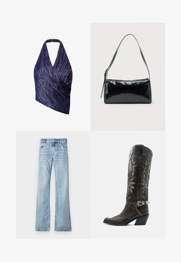 Top de estilo envolvente en tejido texturizado con rayas moradas y azules. Cuello halter con un cierre negro, un lado acentuado con un detalle de botón.; Jeans de mezclilla de tiro acampanado en azul claro, con diseño de cinco bolsillos, cierre de botón y un ligero desvanecimiento para un efecto desgastado.; Bota cowboy de cuero negro con recortes decorativos, hebilla plateada y tacón inclinado, presentada sobre fondo blanco.; Bolso de hombro rectangular negro con una correa ajustable y un cierre de cremallera superior sobre un fondo liso.