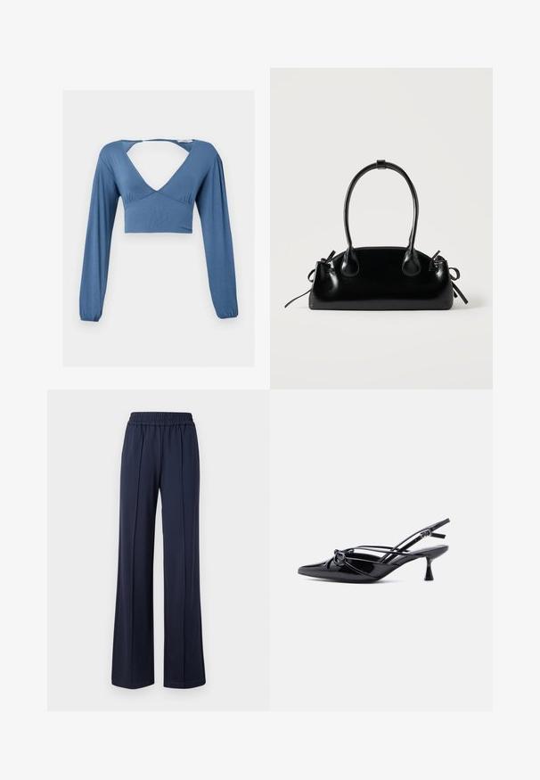 Blauwe lange mouw crop top met een diepe V-hals, geraffineerde details bij de buste en licht opbollende mouwen. Glad, rekbaar materiaal.; Navyblauwe wijde broek met een elastische tailleband, gemaakt van een zachte, gladde stof. Heeft strakke lijnen en een ontspannen silhouet.; Zwarte slingback pump van lakleer met een spits toelopende neus, lage kittenhak en decoratieve knoopstrik aan de voorkant.; Kleine zwarte glanzende handtas met twee lange hengsels en zijkant trekkoord details op een effen lichte achtergrond.