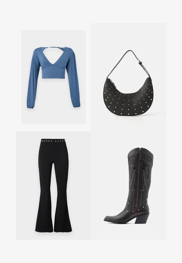 Blauwe lange mouw crop top met een diepe V-hals, geraffineerde details bij de buste en licht opbollende mouwen. Glad, rekbaar materiaal.; Zwarte, hooggetailleerde strakke broek met metalen oogjes op de tailleband en uitlopende pijpen.; Bruine leren cowboylaarzen met vlamstiksels, zijrits, zilveren studs, spits toelopende neus en gestapelde hak.; Zwarte leren handtas met een gebogen vorm, versierd met zilveren studs, voorzien van een ritssluiting en een enkele verstelbare schouderband.