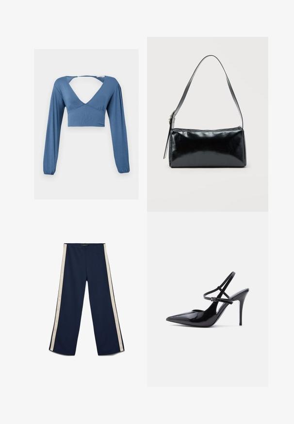 Blauwe lange mouw crop top met een diepe V-hals, geraffineerde details bij de buste en licht opbollende mouwen. Glad, rekbaar materiaal.; Marineblauwe broek met wijde pijpen, witte strepen aan de zijkant, elastische tailleband en een gladde stoftextuur, plat gelegd op een witte achtergrond.; Zwart lakleren pumps met spitse neus, hoge naaldhakken en twee smalle verstelbare enkelbandjes, zijaanzicht.; Zwarte rechthoekige schoudertas met een enkele verstelbare band en een bovenste ritssluiting op een effen achtergrond.