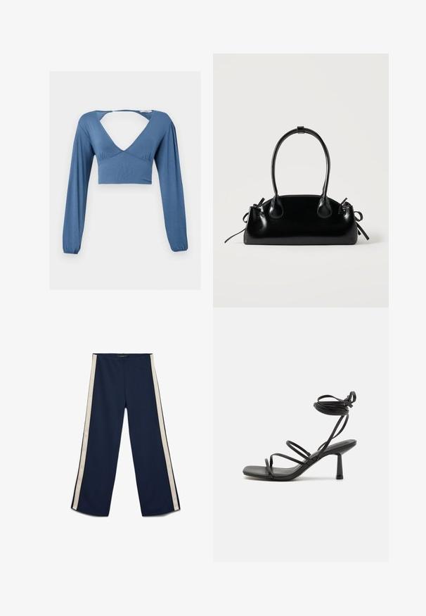 Blauwe lange mouw crop top met een diepe V-hals, geraffineerde details bij de buste en licht opbollende mouwen. Glad, rekbaar materiaal.; Marineblauwe broek met wijde pijpen, witte strepen aan de zijkant, elastische tailleband en een gladde stoftextuur, plat gelegd op een witte achtergrond.; Zwarte bandjes sandaal met een vierkante neus, verstelbare enkelbandjes en een slanke blokhak. Gemaakt van een glad, duurzaam materiaal.; Kleine zwarte glanzende handtas met twee lange hengsels en zijkant trekkoord details op een effen lichte achtergrond.