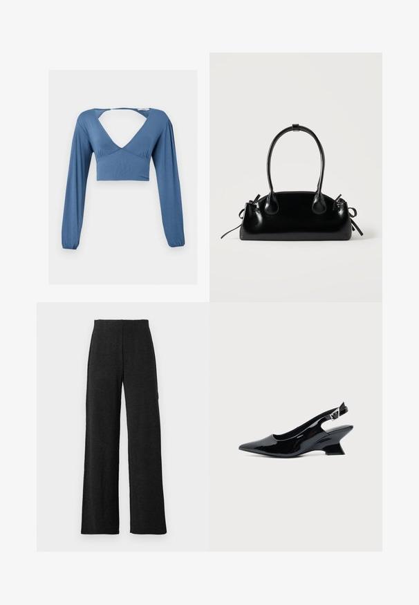 Blauwe lange mouw crop top met een diepe V-hals, geraffineerde details bij de buste en licht opbollende mouwen. Glad, rekbaar materiaal.; Zwarte wijde broek met hoge taille en rechte naden, weergegeven tegen een witte achtergrond.; Zwarte lakleren slingback schoen met spitse neus en lage schuine blokhak op een effen lichte achtergrond.; Kleine zwarte glanzende handtas met twee lange hengsels en zijkant trekkoord details op een effen lichte achtergrond.