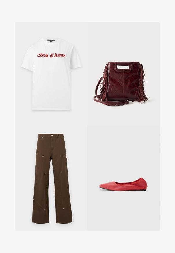 T-shirt blanc à manches courtes avec le texte « Côte d'Azur » en police grasse rouge et noire sur la poitrine, présenté sur un fond uni.; Pantalon droit marron avec poches avant et latérales, rivets argentés, passants de ceinture et fermeture par bouton sur fond blanc.; Filippa K REY FLATS - Ballerines - bright red; Sac à main carré en cuir bordeaux avec poignée découpée, détails de franges latérales et bandoulière réglable sur fond uni.