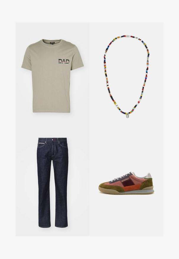 Olivengrøn bomulds t-shirt med rund hals og korte ærmer; har ordet "DAD" i sort og hvidt med stribede accenter på brystet.; Mørkeblå denim jeans med lige pasform, diskrete kontrastsyninger, fem lommer og knappelukning i taljen.; PS Paul Smith DOVER - Sneakers - pink; Farverig perlekæde med varierede former og størrelser, med metalliske accenter og små dekorative charms. Overvejende multicoloreret.