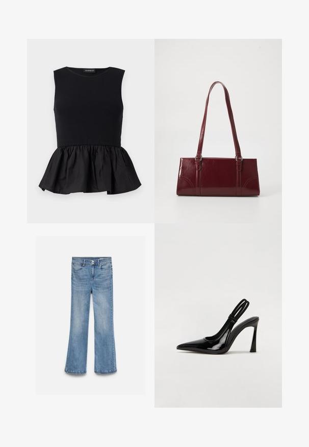 Sort ærmeløs top med ribbet øverste del og en svingende, draperet peplum-bund. Glat tekstur med en ensfarvet overflade.; Lyseblå denim jeans med høj talje, dobbelt knaplukning, lommer foran og bagpå samt let udvidede ben.; Sorte patenterede lædersædler med spidse tæer, slank høj hæl og dobbelt elastisk rem for sikker pasform. Glat, skinnende overflade.; Bordeaux håndtaske lavet af glansfuldt materiale, rektangulær form, med to skulderremme og subtile buede detaljer på forsiden.