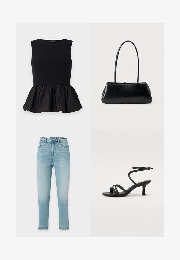 Top negro sin mangas con sección superior acanalada y un fondo de peplum acampanado y recogido. Textura suave con un color sólido en toda su extensión.; Vaqueros pitillo de tiro alto en azul claro con bolsillos delanteros y traseros, cierre de botón y cremallera, mostrados sobre un fondo blanco liso.; Even&Odd Wide Fit Sandalias - black; Bolso de hombro rectangular negro con correas largas y delgadas y una textura lisa y brillante sobre un fondo liso.