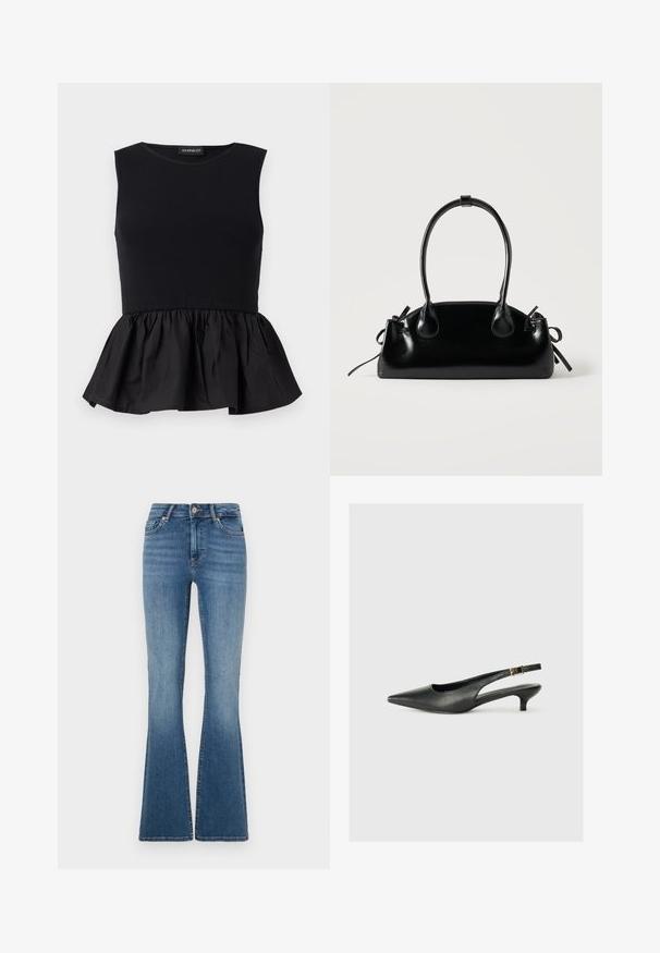 Zwart mouwloos topje met ribbelachtig bovenstuk en een uitlopende, geplooide peplum onderkant. Soepele textuur met een egale kleur door het hele ontwerp.; ONLY Flared fit ONLBLUSH Mid waist - Flared Jeans - medium blue denim; Zwarte puntschoen met slingback van soepel leer. Kenmerkt zich door een dunne hak en een gespdetail op de verstelbare band.; Kleine zwarte glanzende handtas met twee lange hengsels en zijkant trekkoord details op een effen lichte achtergrond.