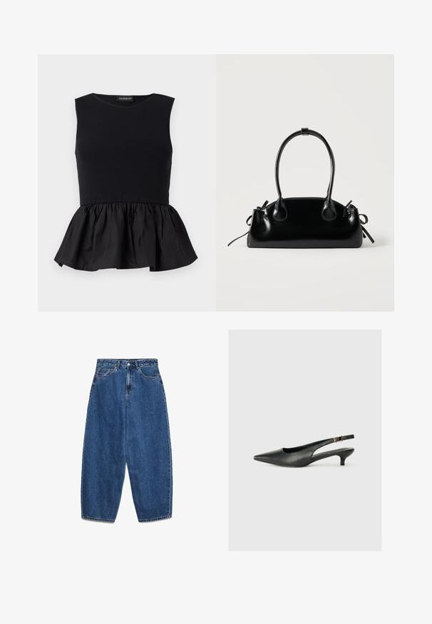 Top negro sin mangas con sección superior acanalada y un fondo de peplum acampanado y recogido. Textura suave con un color sólido en toda su extensión.; Vaqueros de mezclilla azul con cintura alta, corte relajado y pierna recta. Diseño clásico de cinco bolsillos con cierre de cremallera y botón.; Zapato de tacón slingback negro de punta afilada, hecho de cuero suave. Presenta un tacón delgado y un detalle de hebilla en la correa ajustable.; Pequeño bolso negro brillante con dos asas largas y detalles de cordón lateral sobre un fondo claro liso.