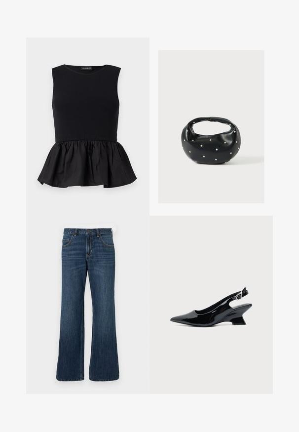 Sort ærmeløs top med ribbet øverste del og en svingende, draperet peplum-bund. Glat tekstur med en ensfarvet overflade.; Mørkeblå jeans med vide ben og klassisk design med fem lommer, der har knaplukning og diskret falming. Fremstillet af denimstof.; Sort laklæder slingback sko med spids tå og lav vinklet blokhæl på ensartet lys baggrund.; Sort læderhåndtaske med en rundet form, dekoreret med sølvnitter, og et kort håndtag. Glat tekstur og lynlåslukning.