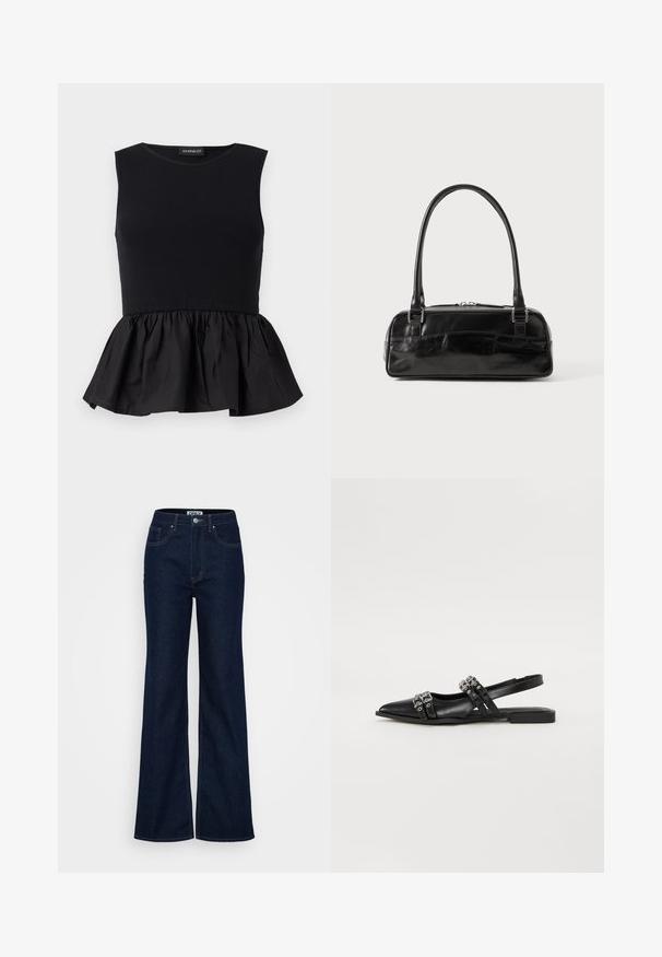 Schwarzes ärmelloses Oberteil mit geripptem oberen Abschnitt und einem ausgestellten, gerafften Peplum-Boden. Glatte Textur in durchgehend einfarbigem Design.; ONLY Tall ONLJUICY WIDE RINSE - Wide Leg - dark blue denim; Even&Odd Sling-Ballerina - black; Schwarze Lederhandtasche in rechteckiger Form, mit einem stabilen Griff, silbernem Zubehör und Reißverschluss. Glatte Textur.