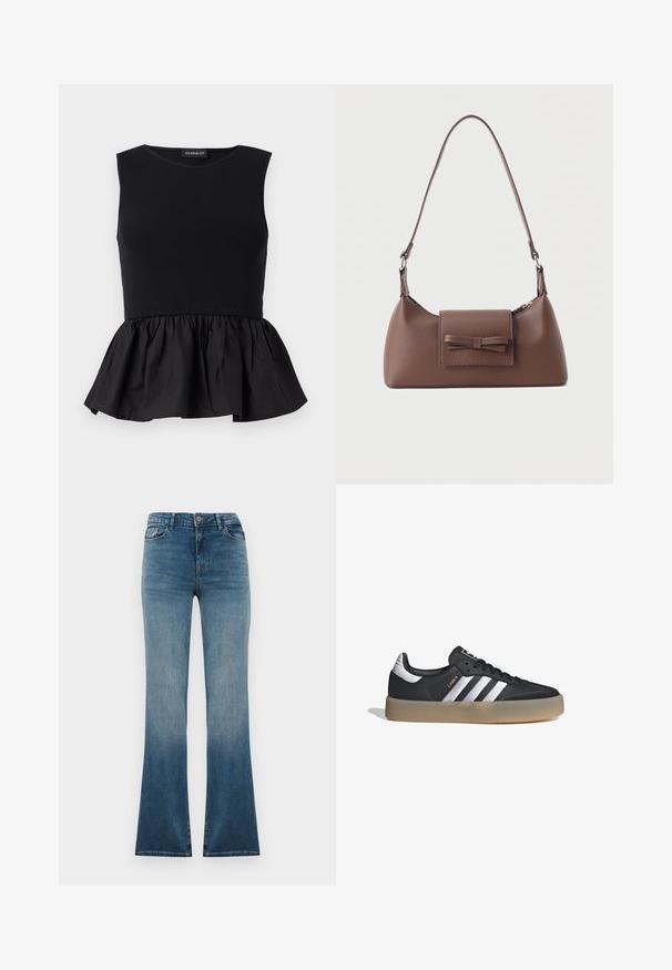 Top negro sin mangas con sección superior acanalada y un fondo de peplum acampanado y recogido. Textura suave con un color sólido en toda su extensión.; Jeans acampanados de mezclilla azul con un desvanecimiento en degradé de oscuro a claro. Cuentan con una cintura tradicional, cinco bolsillos y un cierre de botón frontal.; Zapatilla deportiva de cuero negro con tres rayas plateadas, punta texturizada y suela de goma. Cuenta con un collar acolchado y un diseño con cordones.; Bolso bandolera de cuero marrón con un bolsillo frontal de solapa que presenta un detalle de moño cosido y una correa ajustable.