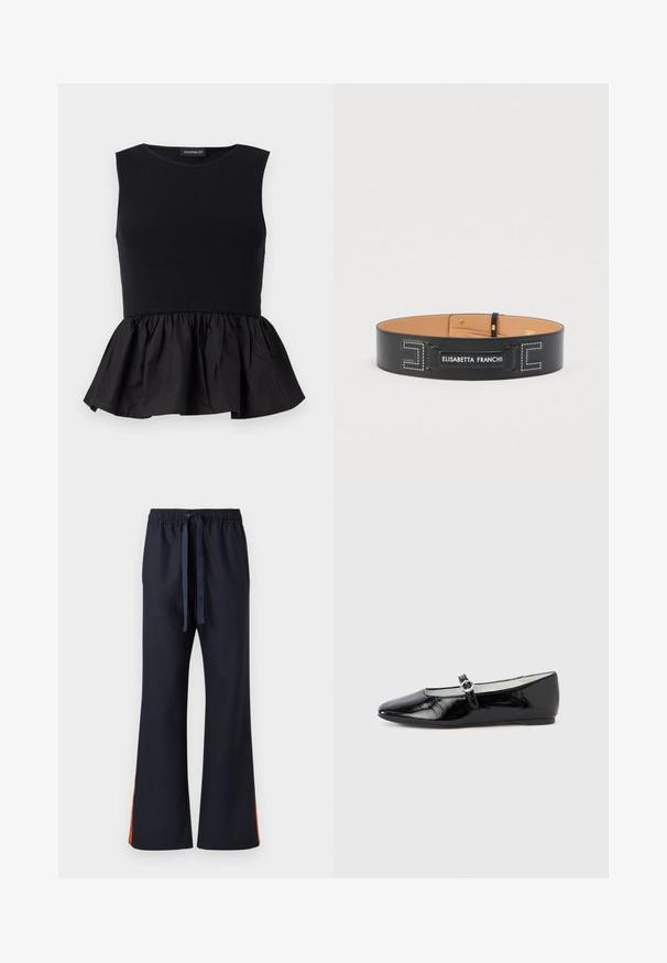 Schwarzes ärmelloses Oberteil mit geripptem oberen Abschnitt und einem ausgestellten, gerafften Peplum-Boden. Glatte Textur in durchgehend einfarbigem Design.; Marineblaue Hose mit weitem Bein, ausgestattet mit einem elastischen Bund und einem Kordelzug. Ein orangefarbener Akzent verläuft entlang der Seitennaht.; Schwarze Ballerinas aus Lackleder mit spitz zulaufender Schuhspitze, versehen mit einem kleinen Riemen und einer runden Schnallendetail an der Seite. Flaches Sohlen-Design.; Schwarzer breiter Ledergürtel mit weißer Naht, goldener Schnalle und "Elisabetta Franchi"-Markenaufdruck auf der Vorderseite, beige Innenseite sichtbar.