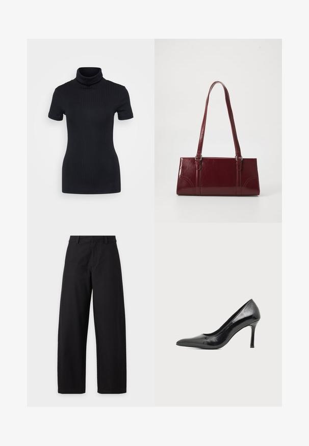 Top de cuello alto negro con acanalado, de manga corta, diseño ajustado, textura suave, costuras mínimas y un cuello alto.; Pantalón negro de talle alto, pierna ancha, trabillas para cinturón y detalles de costura en la parte delantera, sobre fondo blanco.; Zapato de tacón alto de mujer en piel negra patentada, con punta puntiaguda y tacón delgado, sobre un fondo claro y liso.; Bolso burdeos hecho de material brillante, de forma rectangular, con dos asas para el hombro y sutiles acentos curvados en la parte frontal.