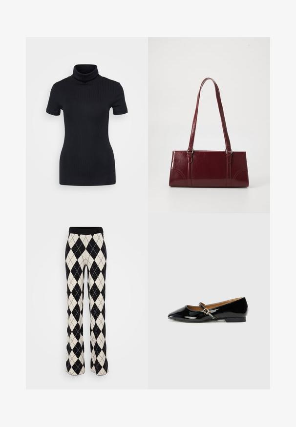 Sorte ribbede turtleneck top, korte ærmer, tætsiddende design, blød tekstur, minimale sømme og en høj krave.; Sorte og hvide argyle-mønstrede strikkebukser med flared ben og elastisk talje, der har en blød tekstur og diamantskaber.; Sorte patenterede lædersko med spids tå, ankelrem med en guldfarvet spænde og en lav blokhæle. Glat, skinnende overflade.; Bordeaux håndtaske lavet af glansfuldt materiale, rektangulær form, med to skulderremme og subtile buede detaljer på forsiden.