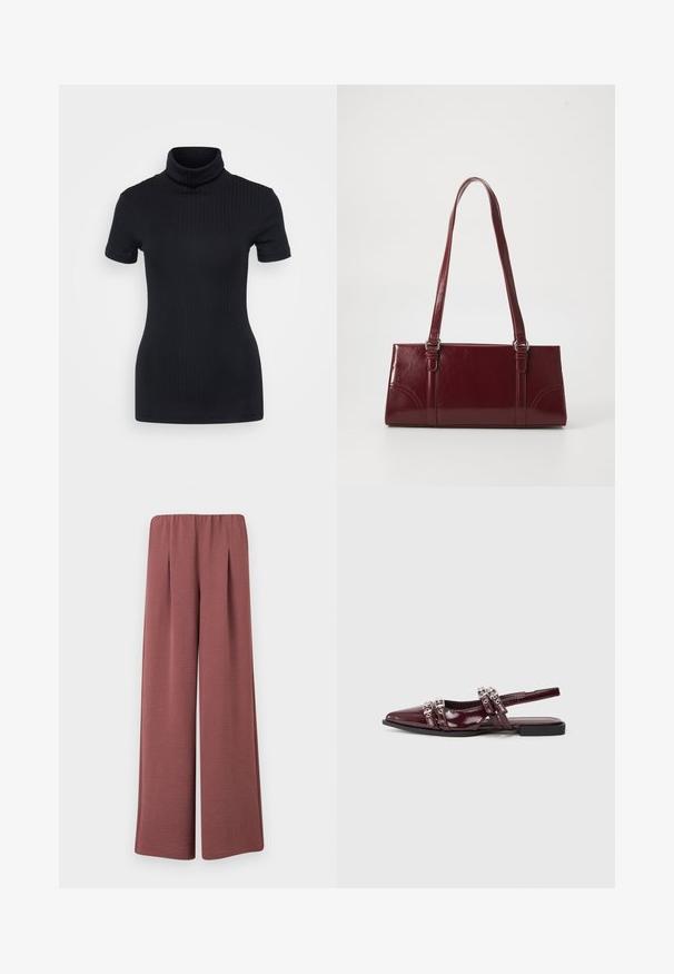 Top de cuello alto negro con acanalado, de manga corta, diseño ajustado, textura suave, costuras mínimas y un cuello alto.; Pantalones de pierna ancha en tela texturizada rosa polvoriento con cintura elástica y pliegues frontales, presentados sobre un fondo liso.; Zapato plano de charol burdeos con tira trasera y punta afilada, que presenta correas decorativas con acentos metálicos.; Bolso burdeos hecho de material brillante, de forma rectangular, con dos asas para el hombro y sutiles acentos curvados en la parte frontal.