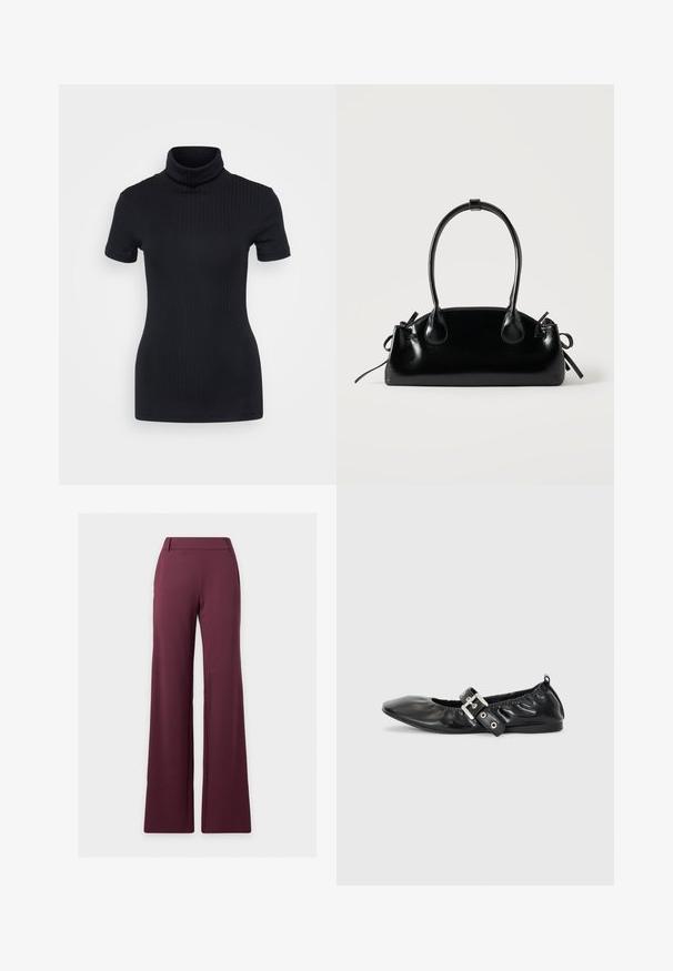 Top de cuello alto negro con acanalado, de manga corta, diseño ajustado, textura suave, costuras mínimas y un cuello alto.; Pantalones anchos de cintura alta para mujer en burdeos oscuro con trabillas para cinturón y sin bolsillos visibles.; Zapato plano de piel negra con puntera afilada, detalle fruncido alrededor de la abertura y un acento de hebilla plateada en la correa ajustable.; Pequeño bolso negro brillante con dos asas largas y detalles de cordón lateral sobre un fondo claro liso.