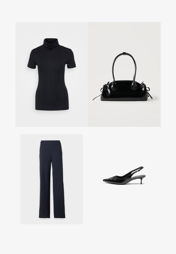 Sorte ribbede turtleneck top, korte ærmer, tætsiddende design, blød tekstur, minimale sømme og en høj krave.; Marineblå bukser med brede ben, høj talje, sideknapper på begge hofter og glat stof, vist på en helt hvid baggrund.; Sorte læder slingback-pumps med spids tå, lav kitten-hæl og rynket detalje på overdelen. Glat tekstur og minimalistisk design.; Lille sort blank håndtaske med to lange håndtag og snøre-detaljer i siden på en ensfarvet lys baggrund.