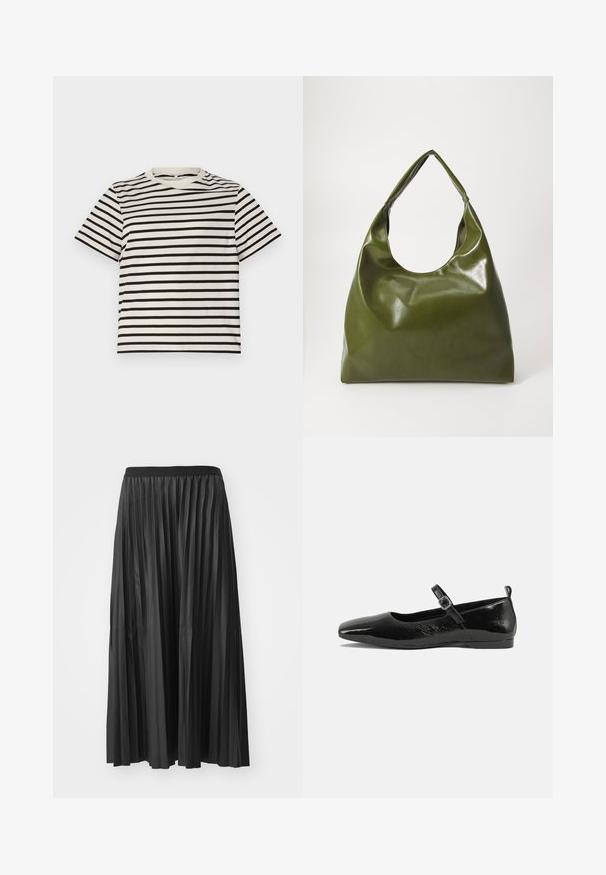 T-shirt à rayures avec un col rond, fabriqué en coton léger, présentant des rayures noires et crème uniformément espacées, des manches courtes et une coupe décontractée.; Jupe maxi plissée noire avec une texture lisse et une taille élastique, dotée de plis verticaux qui créent du volume et du mouvement.; Chaussure plate en cuir verni noir avec un bout pointu, une sangle de cheville avec boucles, et une texture lisse et brillante. Talon bas pour le confort.; Sac hobo en cuir vert au design décontracté, avec une poignée incurvée et une texture lisse. Ne contient aucun matériel ou accent visible.