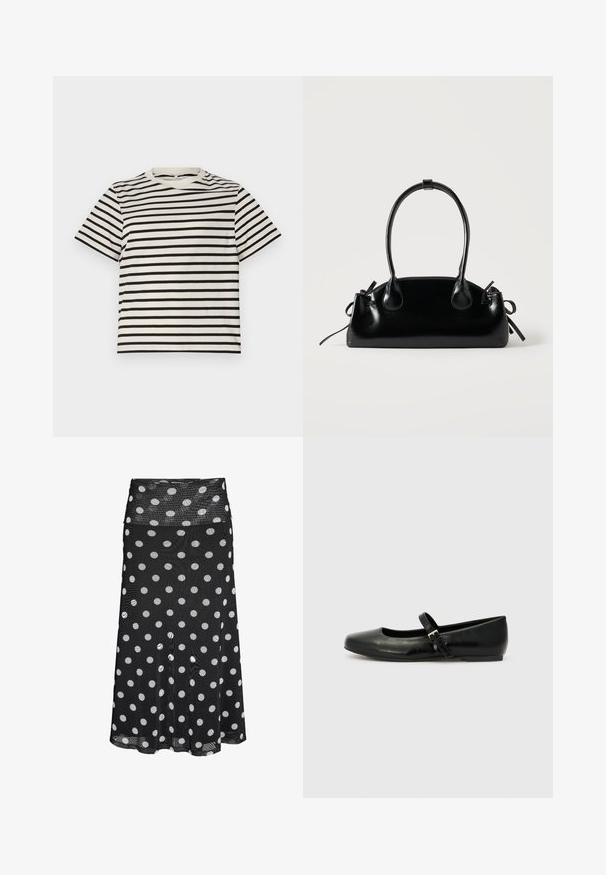 T-shirt à rayures avec un col rond, fabriqué en coton léger, présentant des rayures noires et crème uniformément espacées, des manches courtes et une coupe décontractée.; Jupe midi noire à pois blancs avec une large ceinture en tissu mesh.; Ballerines en cuir noir avec un bout arrondi, une semelle plate et une fine sangle ajustable sur le cou-de-pied avec une boucle en métal.; Petit sac à main noir brillant avec deux longues anses et des détails à cordon sur les côtés sur un fond clair uni.
