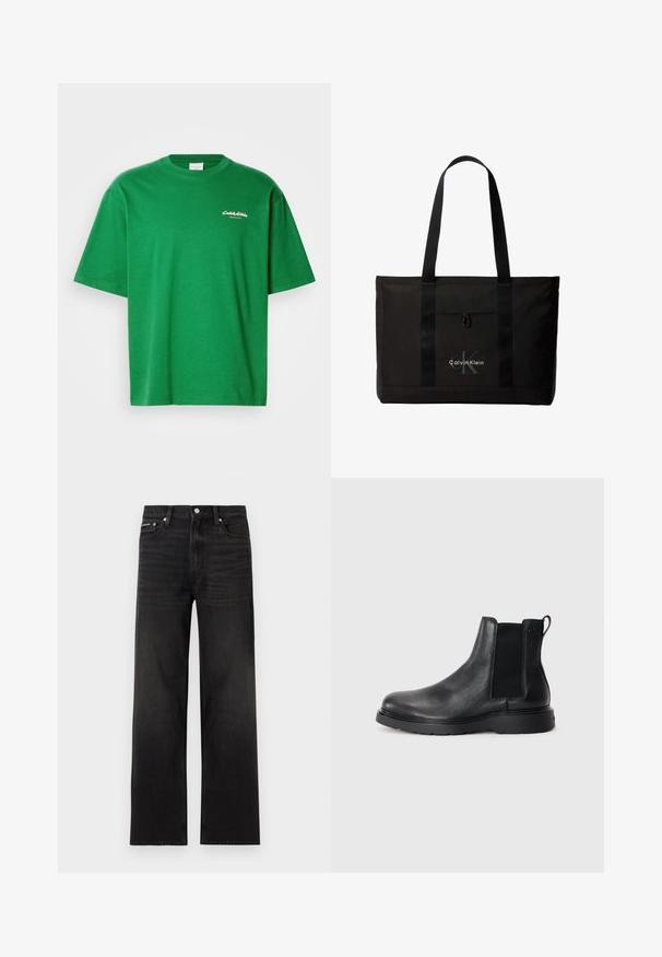 Grünes Baumwoll-T-Shirt mit lockerer Passform, kurzen Ärmeln und rundem Halsausschnitt. Auf der Vorderseite befindet sich ein kleines weißes Logo.; Schwarze Jeans mit geraden Beinen, fünf Taschen, Gürtelschlaufen und Knopfverschluss, auf weißem Hintergrund dargestellt.; Schwarze Leder-Chelsea-Boots mit strukturiertem Finish, elastischen seitlichen Einsätzen und einer robusten Gummisohle. Dezentes Branding an der Ferse.; Schwarze Calvin Klein Tote-Tasche mit zwei langen Griffen und Fronttasche, mit dem Markenlogo in Weiß und Grau.