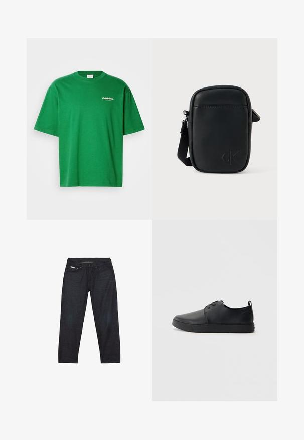 Grøn bomulds T-shirt med afslappet pasform, korte ærmer og rund hals. Har et lille hvidt logo foran.; Mørkeblå denimjeans med et lige ben, der har fem lommer og minimal syning for et rent udseende.; Sorte lædersneakers med en glat finish, rund tå, tonalt syning, snøring foran og en flad gummisål. Løkke ved hælen.; Sort læder crossbody-taske med en blød rektangulær form, der har et subtilt præget logo, stofrem og glat tekstur.