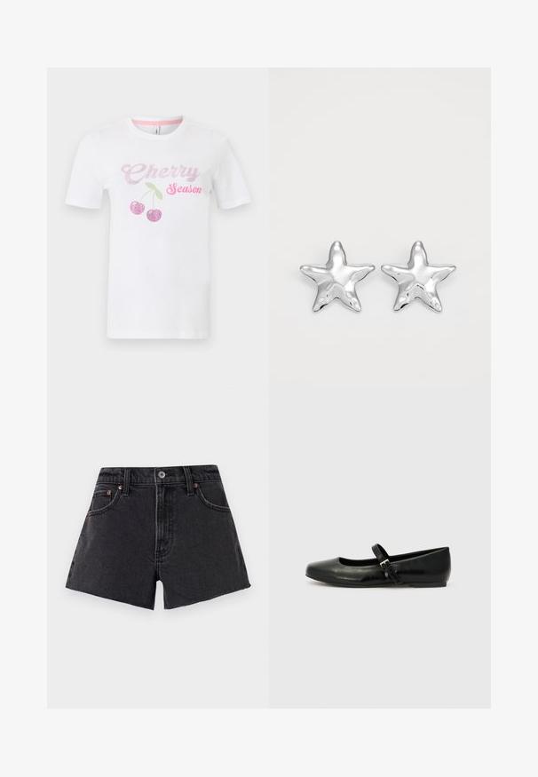 Λευκό T-shirt με κοντά μανίκια, με ροζ κείμενο "Cherry Season" και δύο στυλιζαρισμένα κεράσια με πράσινους βλαστούς και φύλλα μπροστά.; Μαύρα τζιν σορτς με ψηλή μέση, με ξυσμένο στρίφωμα, μπροστινές τσέπες και ριβέτ σε χαλκό χρώμα. Λείος υφασμάτινος τύπος και κλασική γραμμή.; Μαύρες δερμάτινες μπαλαρίνες με στρογγυλή μύτη, επίπεδη σόλα και λεπτή ρυθμιζόμενη ζώνη πάνω από το πέλμα με μεταλλική πόρπη.; Ασημένια σκουλαρίκια σε σχήμα αστεριού με γυαλιστερή, λουστραρισμένη επιφάνεια. Κάθε σκουλαρίκι διαθέτει πέντε ακτίνες και λεπτές υφασματικές λεπτομέρειες στην επιφάνεια.