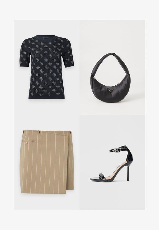 Suéter negro de manga corta con un diseño de punto texturizado que presenta patrones repetidos del logo en plata. Cuello redondo y silueta ajustada.; Falda beige con rayas blancas verticales, hecha de una tela texturizada. Presenta un solapa frontal y un bolsillo trasero con un detalle de botón.; Sandalia de tacón alto en piel sintética negra con correa en el tobillo. Presenta un diseño minimalista, punta abierta y una hebilla con detalles de pedrería.; Bolso de satén negro con forma curva, que cuenta con un cierre de cremallera y un logo triangular en metal en la parte delantera. Textura suave y diseño elegante.