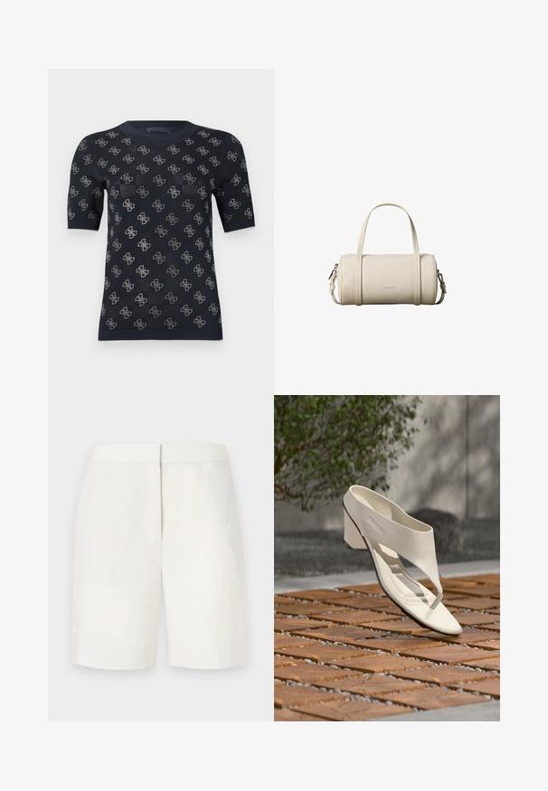 Sort kortærmet sweater med en struktureret strikdesign og gentagne sølvlogo mønstre. Rund hals og tætsiddende silhuet.; Hvide bomulds shorts med lige snit, flad front og subtil tekstur. Har en taljebånd og ingen synlige lommer. Enkel design.; Hvid læderhæl sandal med bred rem og tåpost, vist udendørs på en overflade med træ og grusfliser med grønt i baggrunden.; Lille cylindrisk beige læderhåndtaske med to håndtag, en aftagelig skulderrem og Calvin Klein-logo på fronten.