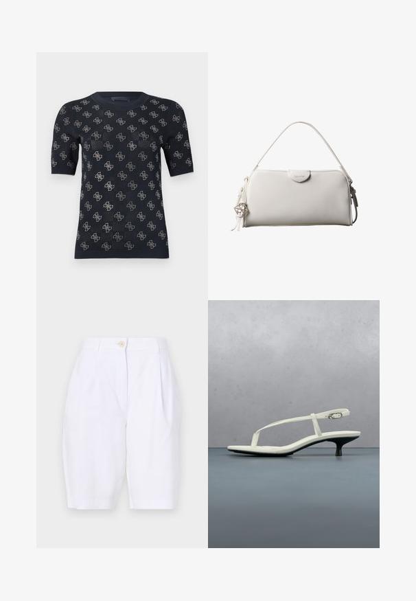 Sort kortærmet sweater med en struktureret strikdesign og gentagne sølvlogo mønstre. Rund hals og tætsiddende silhuet.; Hvide, knælange shorts lavet af letvægtigt stof med en plisseret front og en enkelt træknaplukning i taljen.; Hvid sandal med stropper og kitten-hæl med spids tå, svævende over et trægulv udendørs med en sløret plante og væg i baggrunden.; Hvid rektangulær Calvin Klein håndtaske med enkelt håndtag, minimalistisk design og dekorative kvaster med geometrisk metalvedhæng på siden.