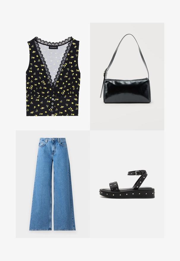 Sort top med gul blomstermønster, blondekant ved halsudskæringen, knaplukning foran og en tætsiddende pasform. Blødt stof med let stræk.; Vide ben blå denim jeans med høj talje, som har et klassisk fem-lomme design og syninger langs siderne for ekstra detalje.; Even&Odd by Zalando Plateausandaler - black; Sort rektangulær skuldertaske med en enkelt justerbar rem og lynlås i toppen på en ensfarvet baggrund.