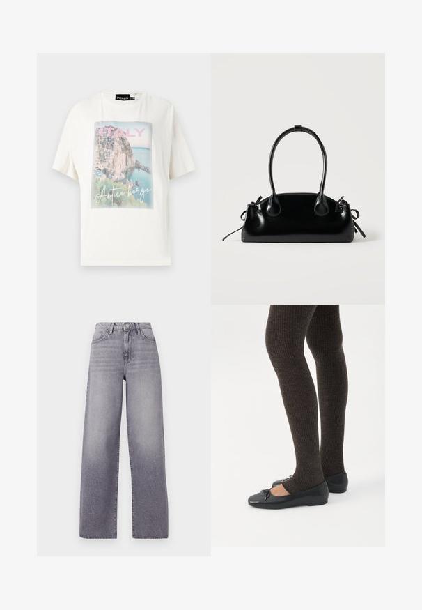 Hvid bomulds t-shirt med et farverigt grafisk print af en italiensk kystby med teksten "ITALIEN" og "Antico borgo" nedenfor.; Højtaljede, vide jeans i lysegrå denim. Har et klassisk fem-lomme design, diskret fading og en metalknaplukning.; Ben iført mørke ribbede leggings kombineret med sorte balletsko med små sløjfedetaljer på hvid baggrund.; Lille sort blank håndtaske med to lange håndtag og snøre-detaljer i siden på en ensfarvet lys baggrund.