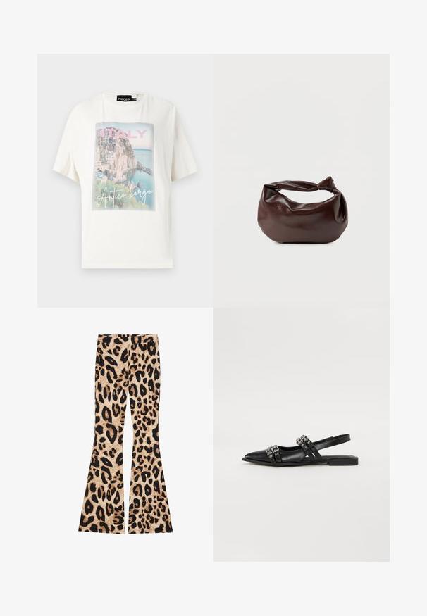 Hvid bomulds t-shirt med et farverigt grafisk print af en italiensk kystby med teksten "ITALIEN" og "Antico borgo" nedenfor.; Leopardmønstrede buksers med flared ben, der har en ribbet tekstur, i beige og sorte farver med varierede pletmønstre i hele stoffet.; Even&Odd by Zalando Slingback-ballerinasko - black; Mørkebrun læder skuldertaske med en blød, afslappet form og et snoet knudehåndtag på en ensartet hvid baggrund.