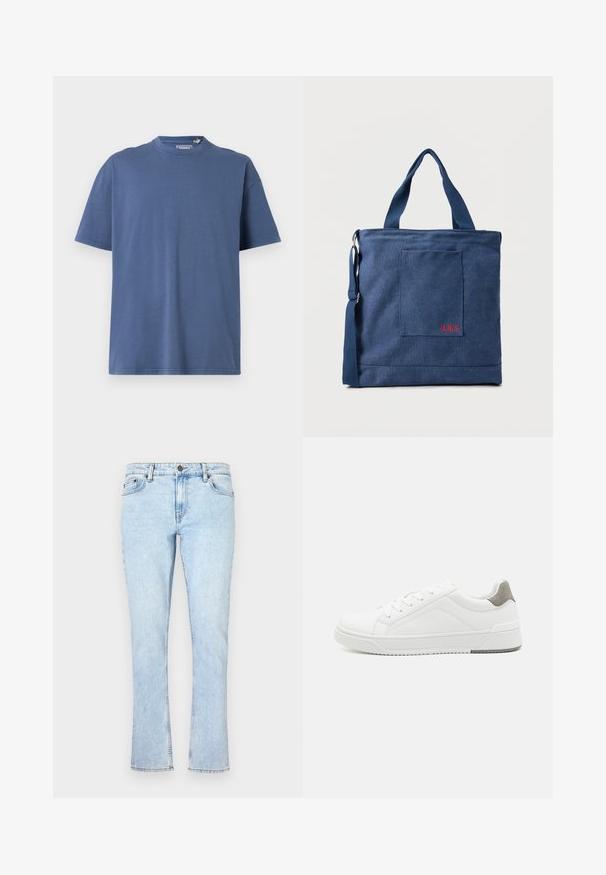 Blauwe T-shirt met korte mouwen van zacht katoen, met een ronde hals en een relaxte pasvorm, met minimale stikdetails.; Lichtblauwe denim jeans met een rechte pijp, voorzien van een knoopsluiting, vijf zakken en subtiele vervaging voor textuur.; Witte sneaker van glad leer met een ronde neus, minimalistisch ontwerp, grijze hielaccent en een geplaatste rubberen zool.; Blauwe canvas tas met voorvak en rode "O.N.S" borduring, voorzien van dubbele handvatten en een verstelbare schouderriem.
