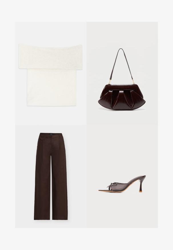 Off-shoulder top i et blødt hvidt strikstof, der har en bred halsudskæring og en lige pasform. Glat tekstur med minimale designdetaljer.; Mørkebrune bukser med vide ben, højtaljede og med en lille dekorativ flaplomme på højre side foran i taljebåndet.; Mørkebrun mule-sandale med høj hæl, spids snude, netstofsider, en lille sløjfedetalje på toppen og en slank buet hæl.; Mørkebrun læderhåndtaske med opsamlede plisseringer, guldfarvet hardware og en enkelt skulderrem mod en enkel lys baggrund.