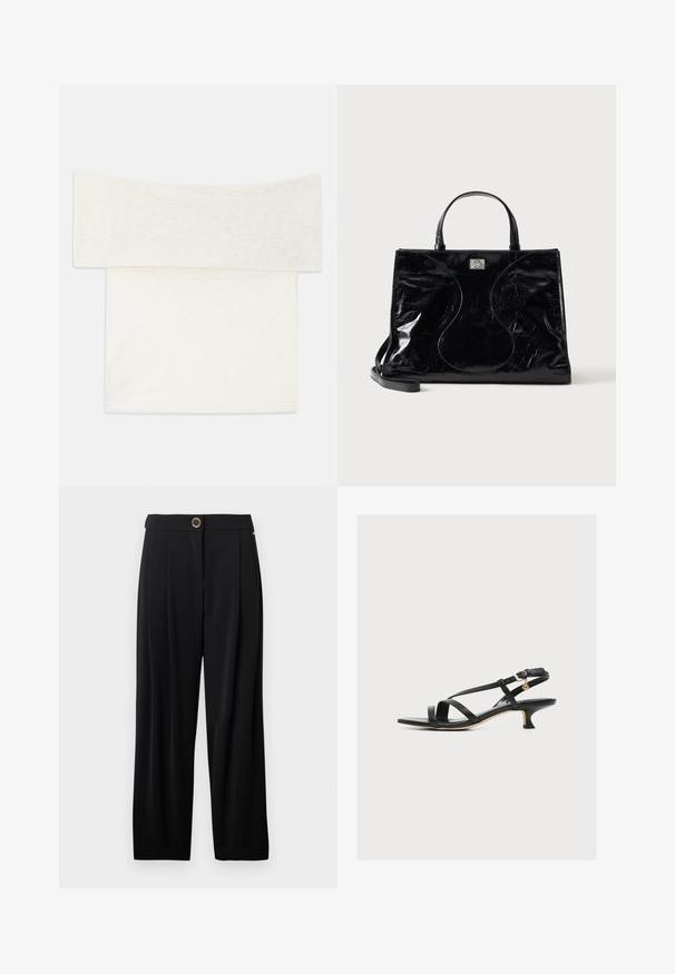 Off-shoulder top i et blødt hvidt strikstof, der har en bred halsudskæring og en lige pasform. Glat tekstur med minimale designdetaljer.; Sorte høj talje bredbenede bukser med en enkelt guldknaplukning og sidelommer mod en hvid baggrund.; Sort damesandal i læder med tynde krydsede stropper, lav kittenhæls og lille guldbeklædt spænde på ankremmen.; Sort blank læderhåndtaske med korte håndtag, aftagelig skulderrem og subtile buede syninger foran.