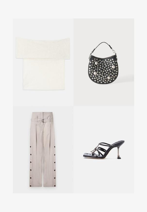 Off-shoulder top i et blødt hvidt strikstof, der har en bred halsudskæring og en lige pasform. Glat tekstur med minimale designdetaljer.; Beige brede bukser lavet af blødt stof, med en bæltehøj talje, sidelukninger og et rent, skræddersyet udseende.; Sort højhælet sandal med stropper, firkantet tå og tynd stilet hæl, med overlappende stropper og en knudedetalje på overdelen.; Sort læderhåndtaske med kort hank, dekoreret med flere små og få store runde sølvnitter på frontfladen.